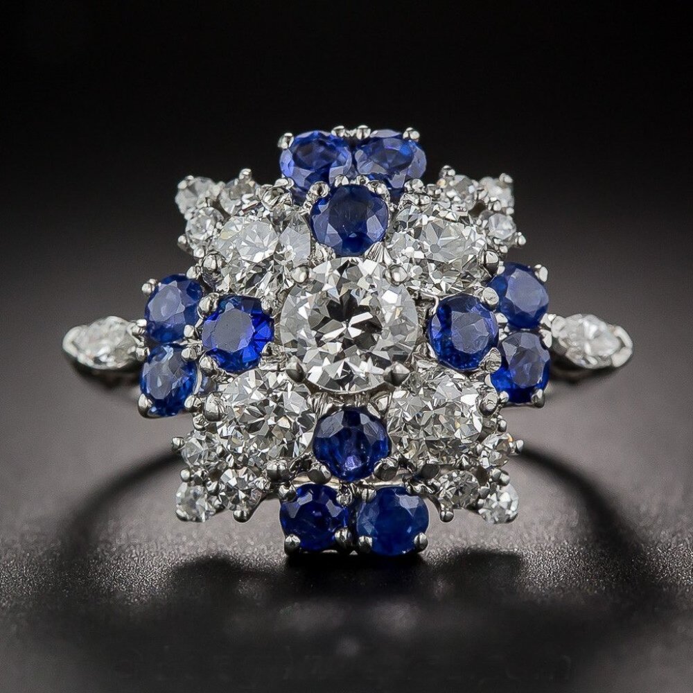14k White Gold 💎Diamond Sapphire Starburst Dinner Ring, F288 - Picture 7 of 12